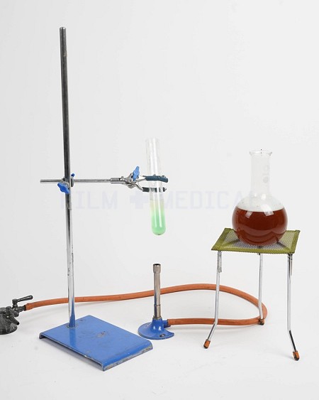 Retort Stand Clamp +Grip, Bunson Burner, Tripod, Gauge, & Gas Tap, With Test Tube + Round Bottom Flask + Tubing