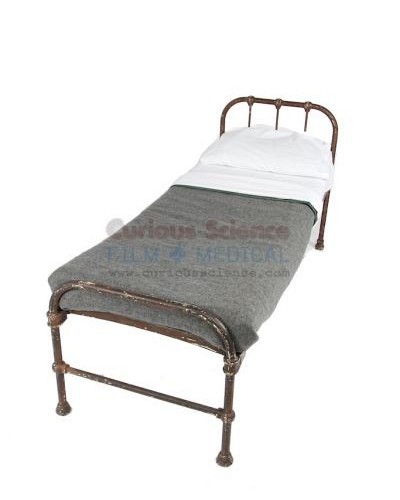 Period Hospital Bed with Grey Linen Set, Linen Priced Separately. 