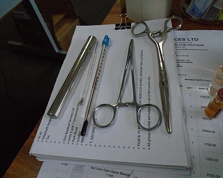 x2 thermometers +2 forceps + metal cased thermometer 